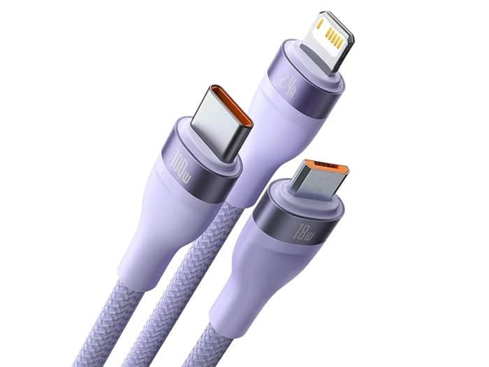 کابل شارژ و دیتا سه‌سر میکرو، تایپ‌سی و لایتنینگ بیسوس Baseus Flash Series One-for-three Fast Charging Data Cable USB (CASS040001)