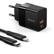 شارژر دیواری 2 پورت 20 وات به‌همراه کابل تایپ‌سی به لایتنینگ مک‌دودو MCDODO CH-1952 Hydrogen Series 20W Charger + Type-C to Lightning Cable