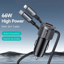 عکس شارژر فندکی فست شارژ ماشین تایپ‌سی و یو‌اس‌بی 66 وات یوسامز با کابل متصل تایپ‌سی و لایتنینگ CC287 - فروشگاه ماه به ماه