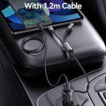 عکس شارژر فندکی فست شارژ ماشین تایپ‌سی و یو‌اس‌بی 66 وات یوسامز با کابل متصل تایپ‌سی و لایتنینگ CC287 - فروشگاه ماه به ماه