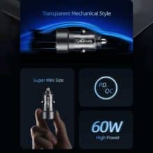 عکس شارژر فندکی فست شارژ ماشین تایپ سی 60 وات طرح شفاف یوسامز US-CC208 C39 - فروشگاه ماه به ماه