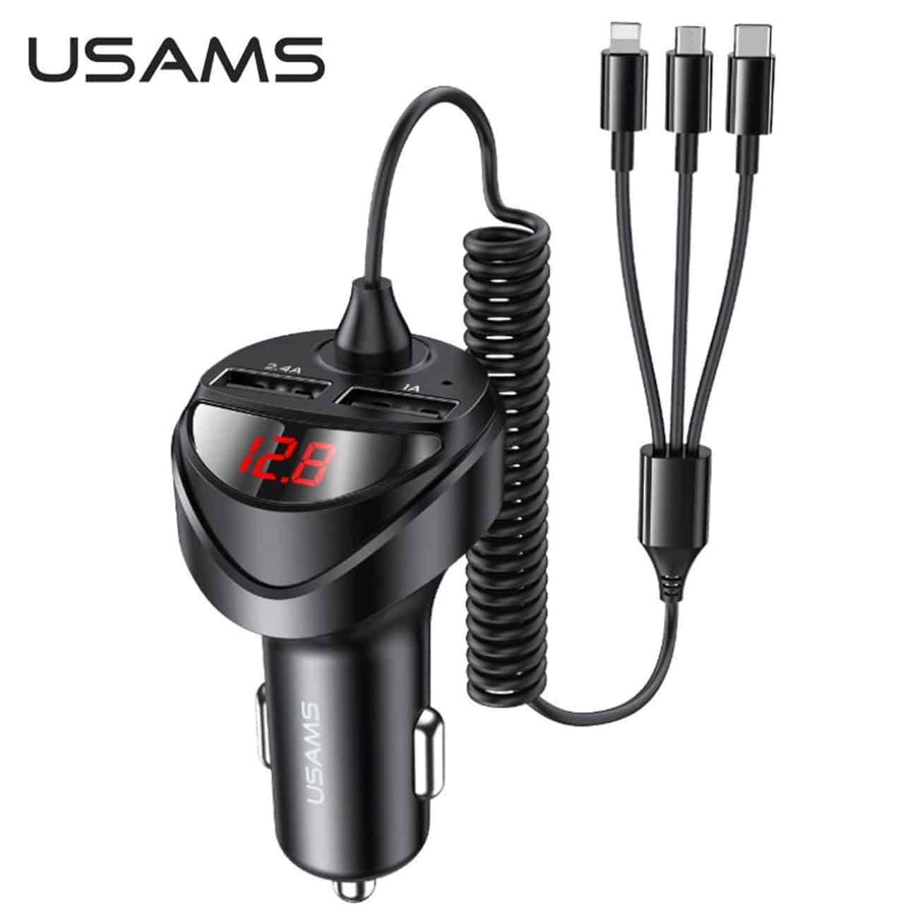 عکس شارژر فندکی یوسامز USAMS مدل US-CC119 با جریان 3.4 آمپر و کابل 3 در 1 - فروشگاه ماه به ماه