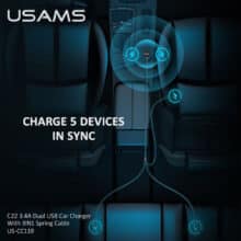 عکس شارژر فندکی یوسامز USAMS مدل US-CC119 با جریان 3.4 آمپر و کابل 3 در 1 - فروشگاه ماه به ماه