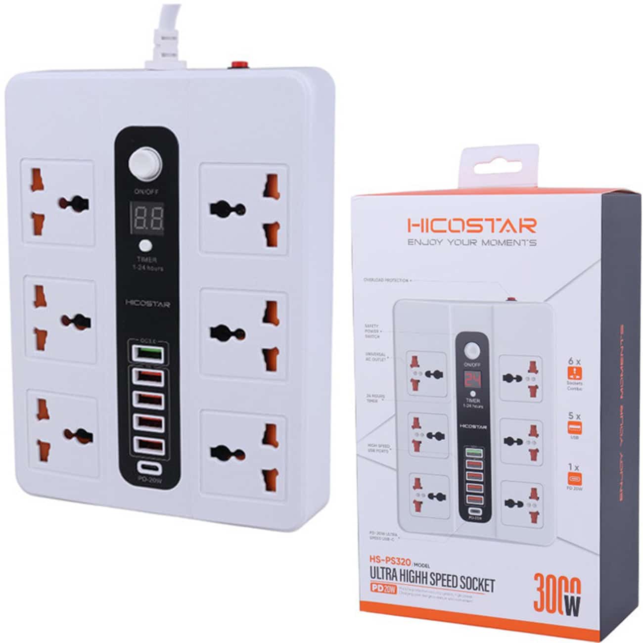 عکس چندراهی برق شش سوکت 3000 وات، یک تایپ سی و پنج USB هایکو استار Hicostar HS-PS320 - فروشگاه ماه به ماه