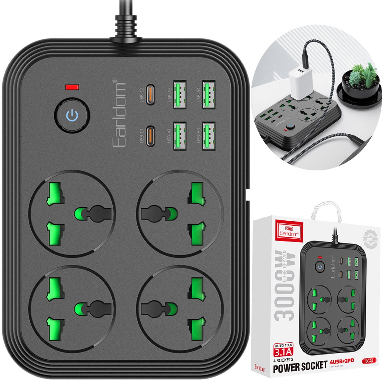 عکس چند راهی برق 3000 وات چهار سوکت، چهار عدد USB و دو عدد تایپ‌سی ارلدام EARLDOM SC25 - فروشگاه ماه به ماه